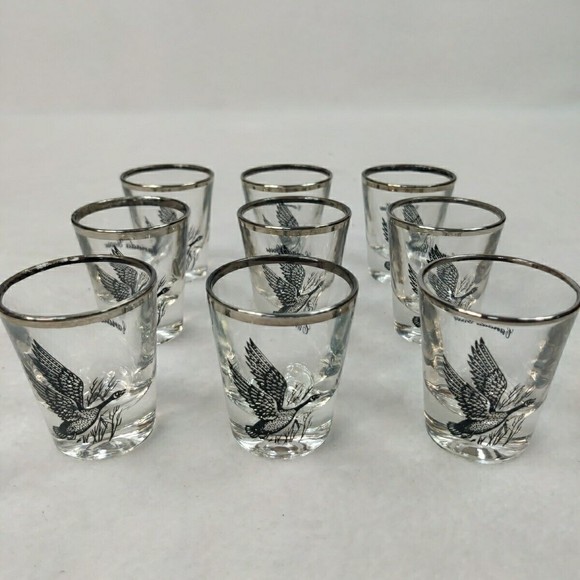 Set of 9 Vintage bird‎ shot glasses Canada Goose EXCELLENT Silver Rim - Picture 1 of 6